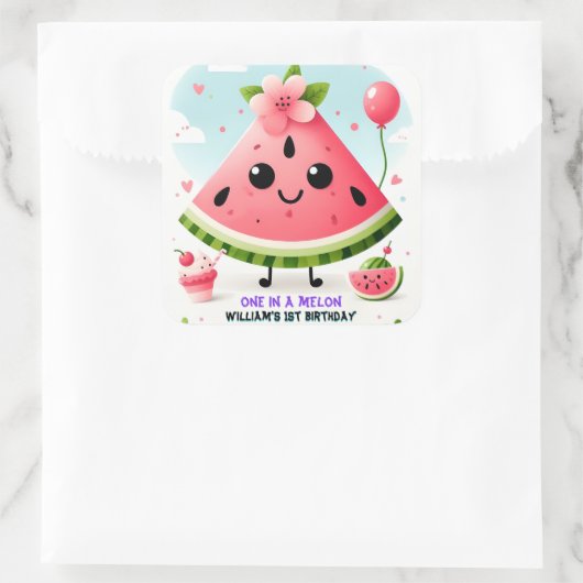 メロンファースト1歳の誕生日にピンクの夏の一つ スクエアシール (バッグ)