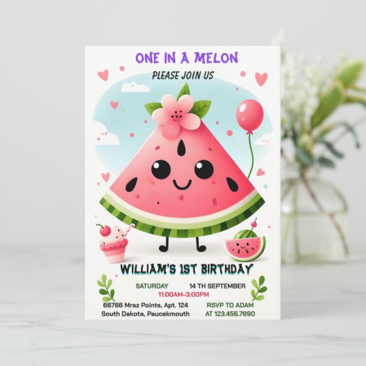 メロンファースト1歳の誕生日にピンクの夏の一つ 招待状 (スタンド正面)
