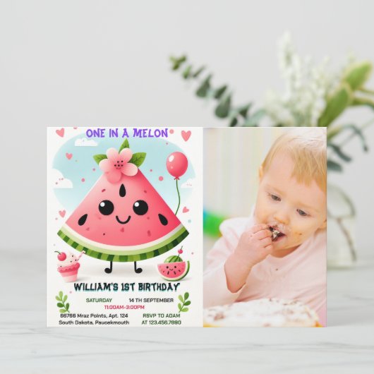 メロンファースト1歳の誕生日にピンクの夏の1杯を撮る 招待状 (スタンド正面)