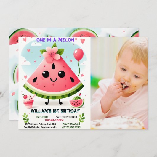 メロンファースト1歳の誕生日にピンクの夏の1杯を撮る 招待状 (正面/裏面)