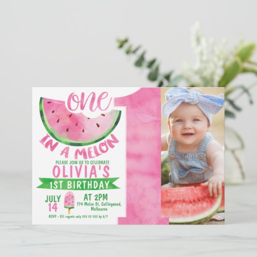 メロンフォトの女の子の大人写真第1誕生日 招待状 (スタンド正面)