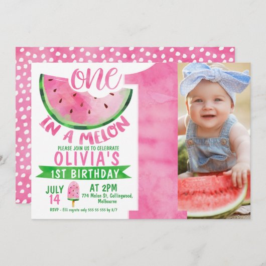メロンフォトの女の子の大人写真第1誕生日 招待状 (正面/裏面)