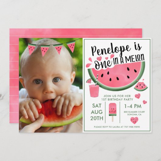 メロンフォトガールの1歳の誕生日にピンクのワン 招待状 (正面/裏面)