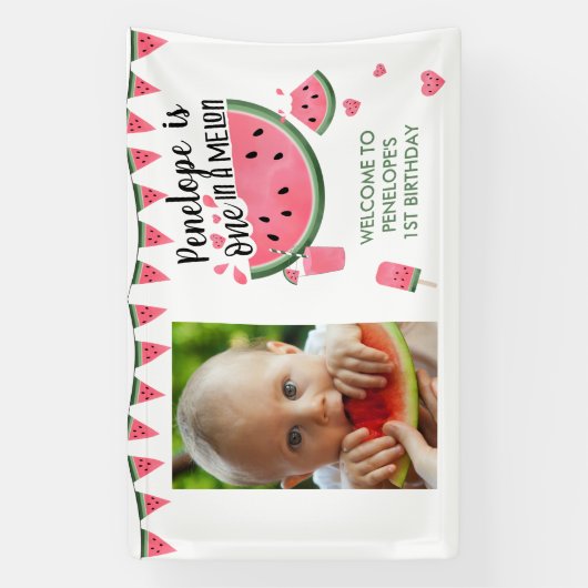 メロンフォトガールの1歳の誕生日にピンクのワン 横断幕 (縦)