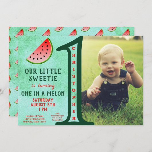 メロン1歳の誕生日の写真に男の子グリーン1 招待状 (正面/裏面)