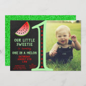 メロン1歳の誕生日グリーングリッター 招待状 (正面/裏面)