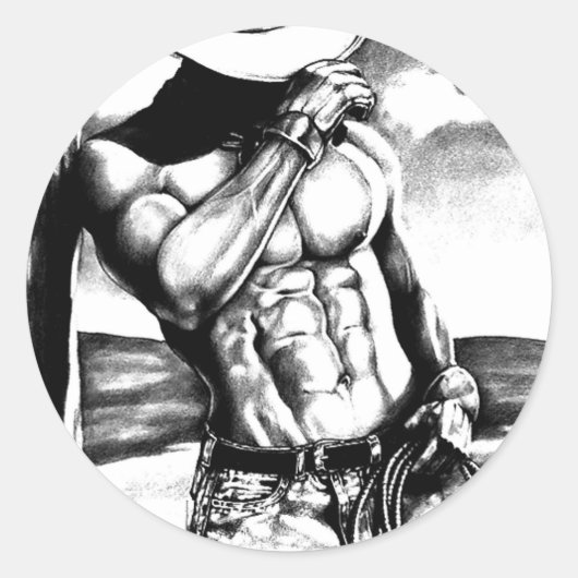 メンエレガントファインアートモダンスケッチウエスタンカウボーイ ラウンドシール (正面)