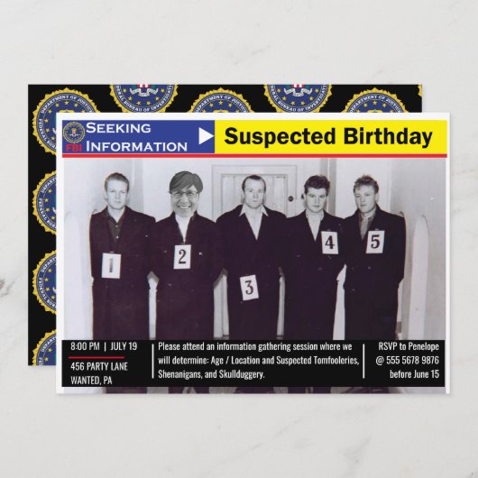 メンスおもしろい誕生日警察ラインナップ白黒 招待状 (正面/裏面)