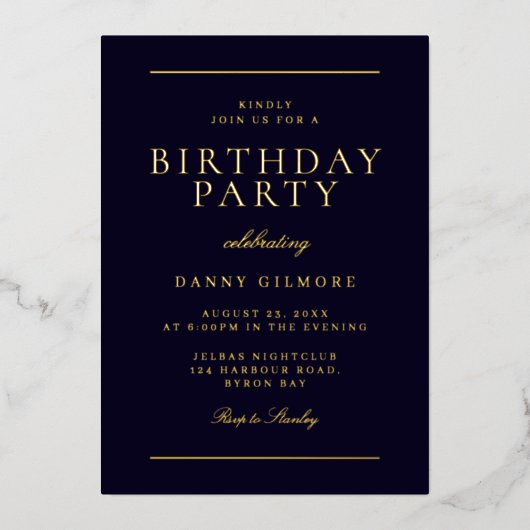 メンスモダンバースデーパーティーブラック&金ゴールド 箔招待状 (正面)