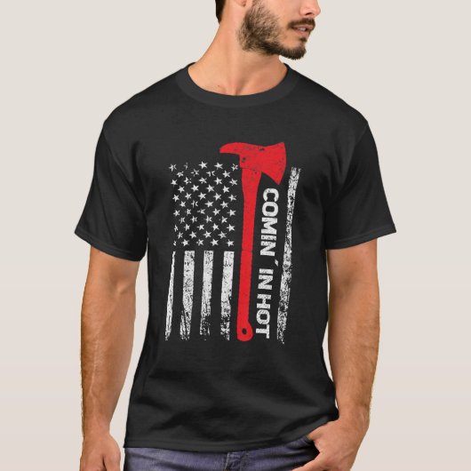 メンス消防士コミン系ホットレッド線アメリカ国旗Fi Tシャツ (正面)