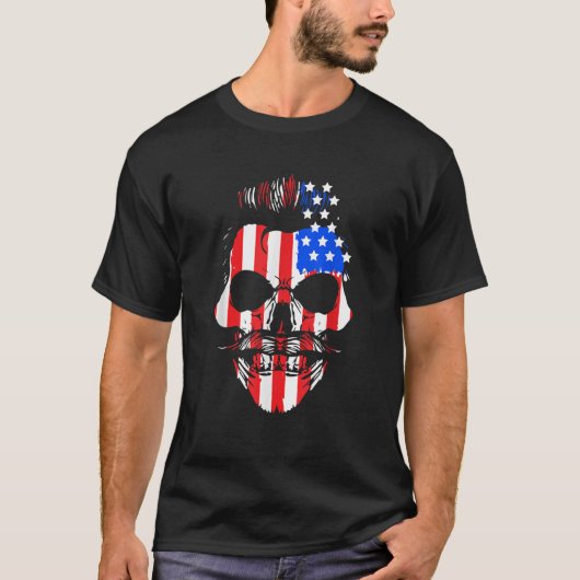 メンス米国国旗のスカル7月4日Dependence Day H Tシャツ (正面)