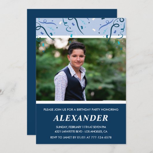 メンス17歳の誕生日招待状Photo Navy Blue 招待状 (正面/裏面)