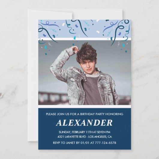 メンス18歳の誕生日招待状写真ネイビーブルー 招待状 (正面)