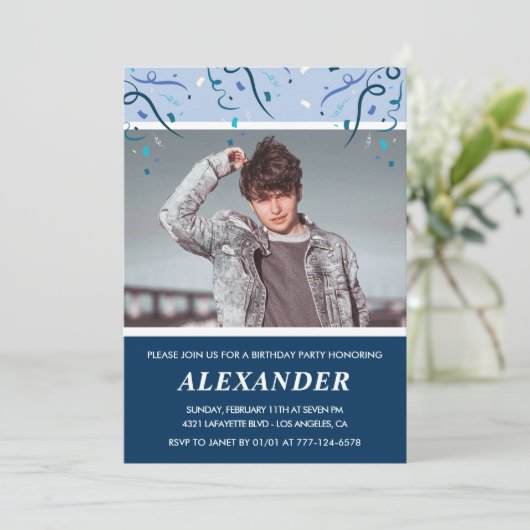 メンス18歳の誕生日招待状写真ネイビーブルー 招待状 (スタンド正面)