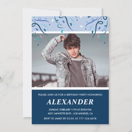 メンス22歳の誕生日招待状Photo Navy Blue 招待状 (正面)