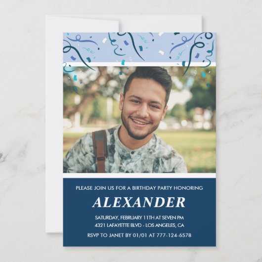 メンス24歳の誕生日招待状写真ネイビーブルー 招待状 (正面)