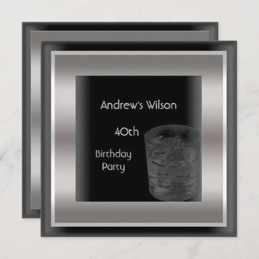 メンス40歳の誕生日パーティーエレガントブラックシルバーマン 招待状 (正面/裏面)
