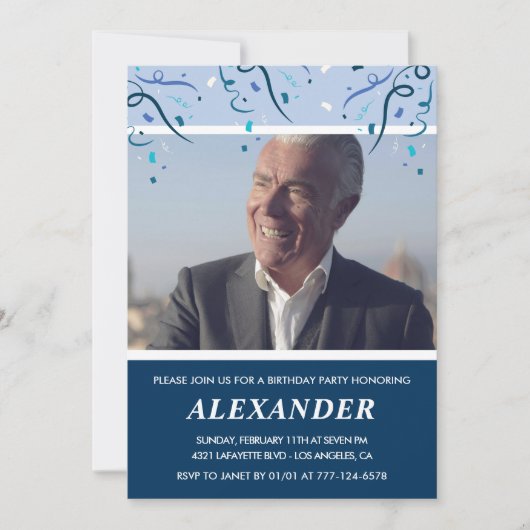メンス70歳の誕生日招待状Photo Navy Blue 招待状 (正面)
