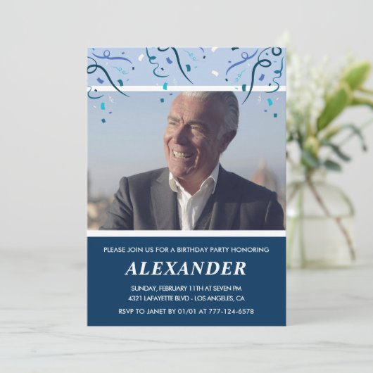 メンス75歳の誕生日招待状Photo Navy Blue 招待状 (スタンド正面)