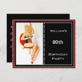 メンス80th誕生日パーティレッドブラックピンアップ 招待状 (正面/裏面)