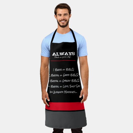 メンズおもしろいエプロン – 黒と赤 エプロン (着用した状態)