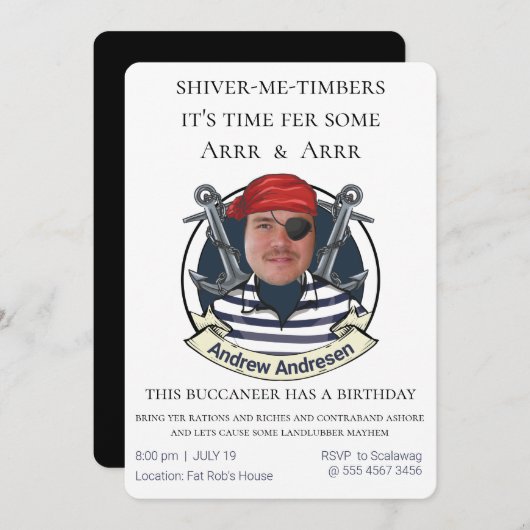 メンズおもしろい海賊版誕生日追加顔おもしろいFab 招待状 (正面/裏面)