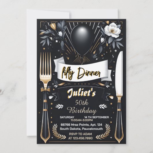 メンズアダルトディナエレガントー50歳の誕生日 招待状 (正面)