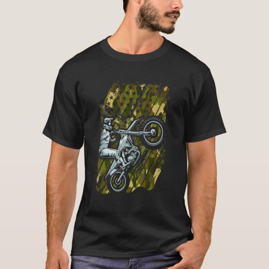 メンズアメリカ国旗ダートバイクモトクロスカモフラージュ Tシャツ (正面)