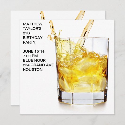 メンズウィスキーカクテルグラス誕生日パーティー 招待状 (正面/裏面)