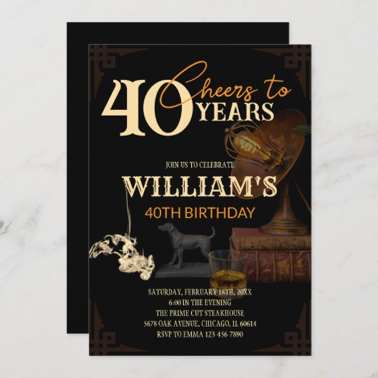 メンズウィスキー&シガーヴィンテージ40th誕生日招待状 招待状 (正面/裏面)