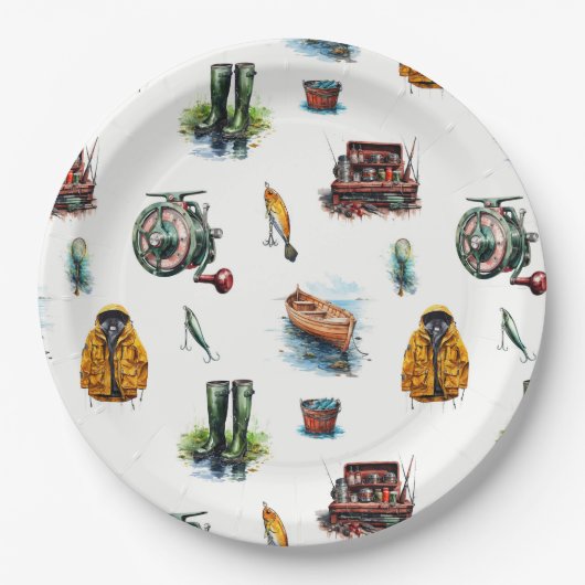 メンズウオータカラー魚釣りギアパターン ペーパープレート (正面)