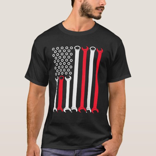 メンズオートリペアマンカー整備士USA国旗jの4日 Tシャツ (正面)