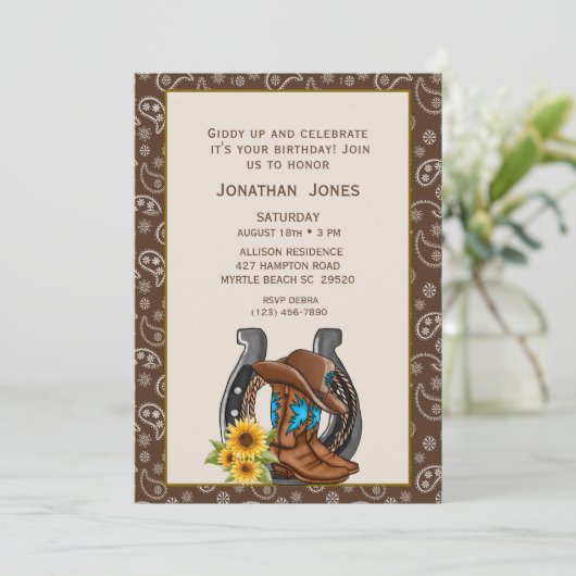 メンズカウボーイブーツホースシュー誕生日招待状 招待状 (スタンド正面)
