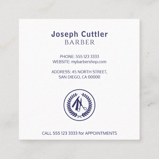 メンズサロンカスタムロゴシンプルネイビモダンーホワイト スクエア名刺 (裏面)