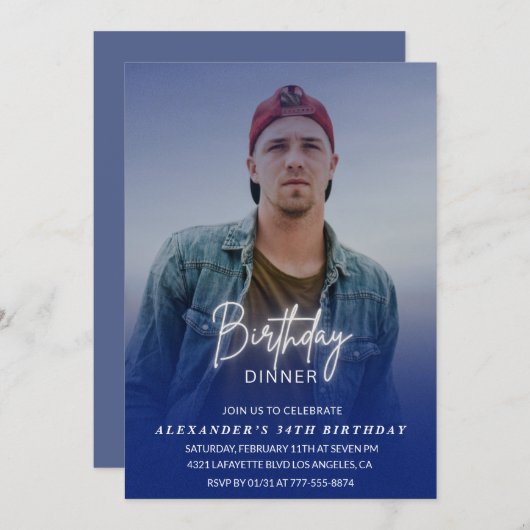 メンズディナーフォトネイビーブルー34歳の誕生日 招待状 (正面/裏面)