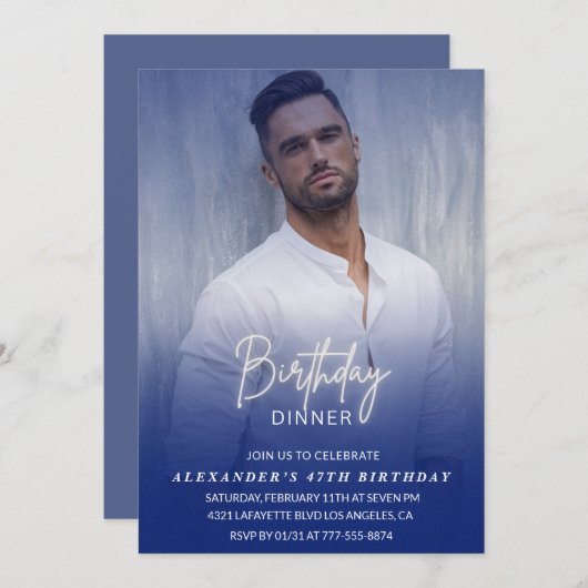 メンズディナーフォトネイビーブルー47歳の誕生日 招待状 (正面/裏面)