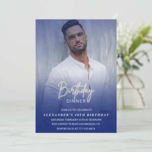 メンズディナーフォトネイビーブルー48歳の誕生日 招待状 (スタンド正面)