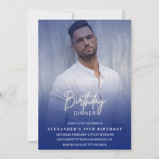 メンズディナーフォトネイビーブルー49歳の誕生日 招待状 (正面)