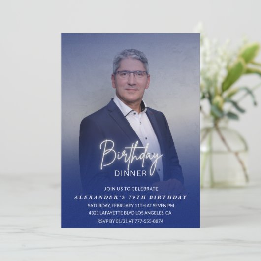 メンズディナーフォトネイビーブルー79歳の誕生日 招待状 (スタンド正面)
