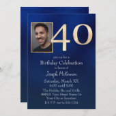 メンズネイビーブルーと金ゴールド40歳の誕生日 招待状 (正面/裏面)