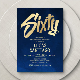 メンズネイビー金ゴールド60th誕生日招待状 招待状