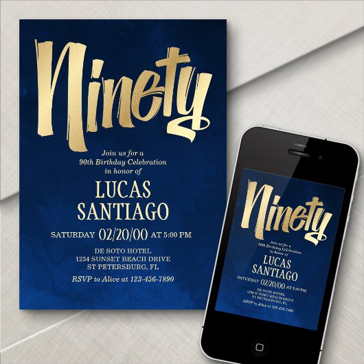 メンズネイビー金ゴールド90誕生日招待状 招待状