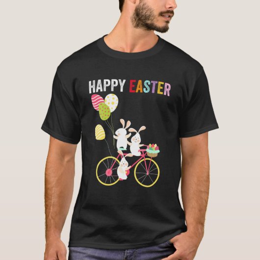 メンズハッピーイースターデイキュートバニーバイクもしくは自転車に乗る人サイクリングイースト Tシャツ (正面)