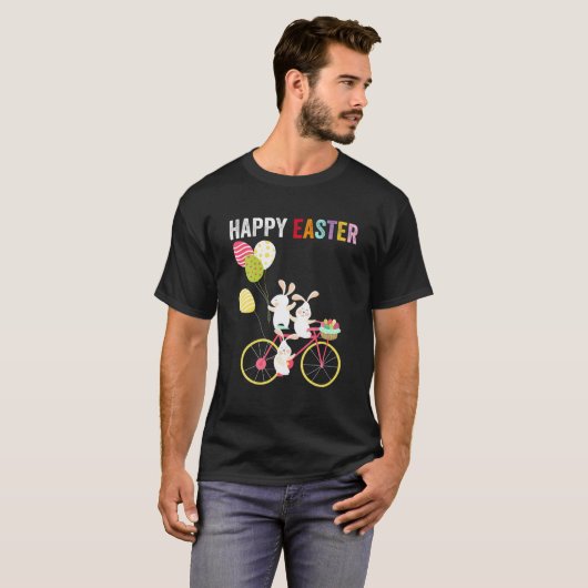 メンズハッピーイースターデイキュートバニーバイクもしくは自転車に乗る人サイクリングイースト Tシャツ (正面フル)