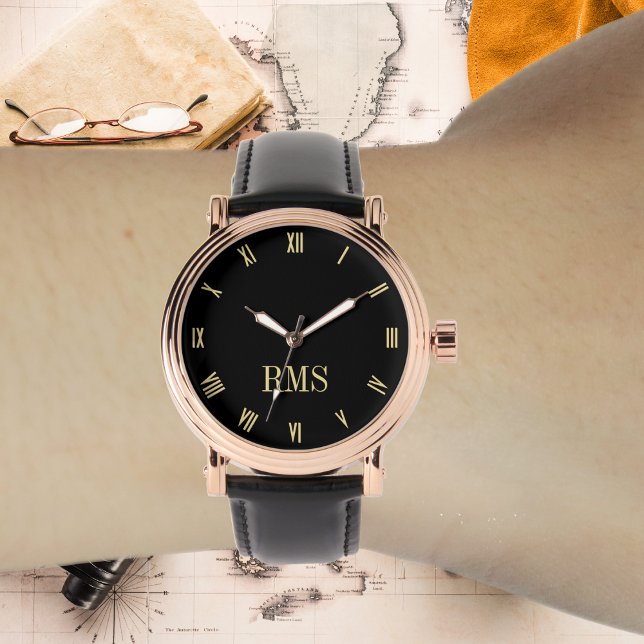 メンズバラ金ゴールドヴィンテージイニシャルブラックレザーストラップ 腕時計 (Mens Rose Gold Vintage Initial Black Leather Strap Watch)