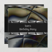 メンズバースデーパーティーシルバーメタルブラックマン 招待状 (正面/裏面)