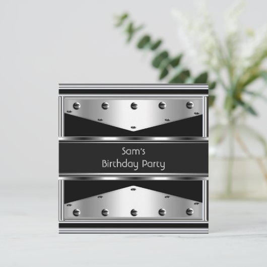 メンズバースデーパーティーシルバーメタルブラックマン 招待状 (スタンド正面)
