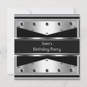 メンズバースデーパーティーシルバーメタルブラックマン 招待状 (正面)