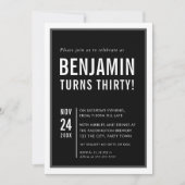メンズバースデーパーティーモダンタイポグラフィ白黒 招待状 (正面)