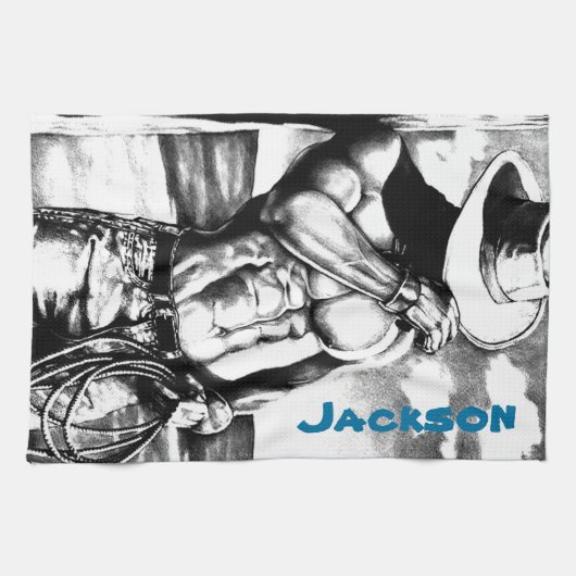 メンズパーソナライズされたネームファインアートクールカウボーイ キッチンタオル (横)